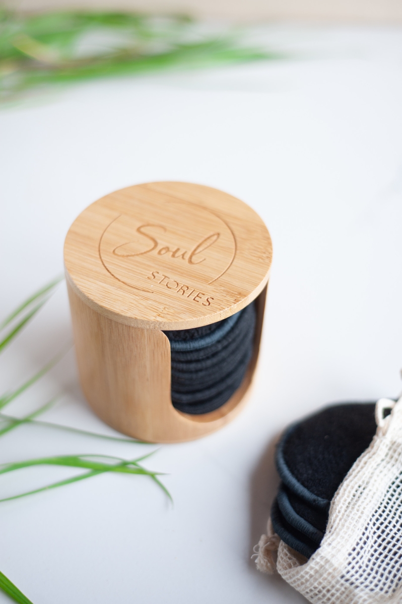 Bamboe Houder met Wasbare Wattenschijfjes Zwart